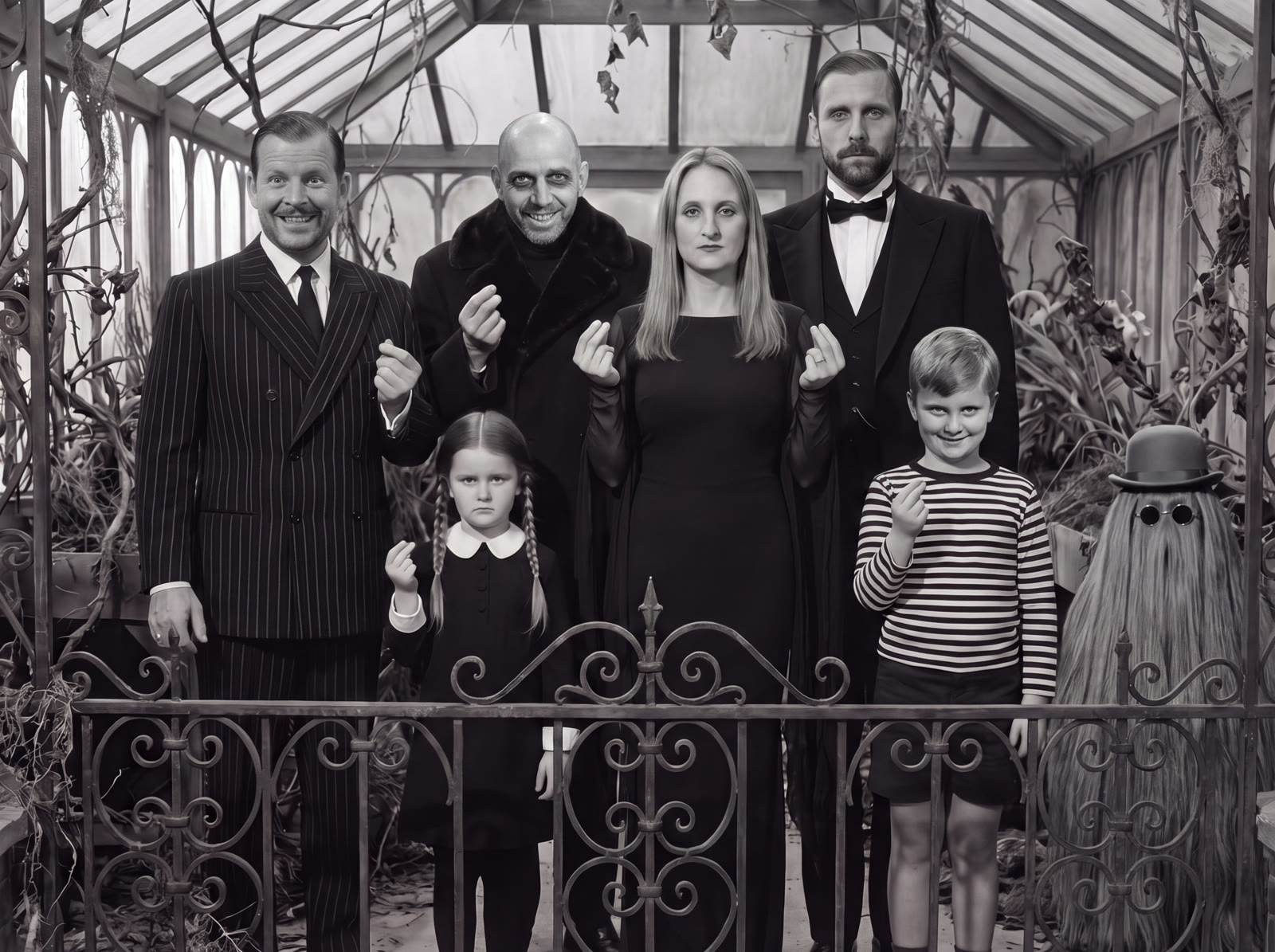 The JR Family: Gomez, Uncle Fester, Morticia and Lurch standing behind Wednesday, Pugsley and Cousin Itt at a wrought-iron railing in a gloomy conservatory